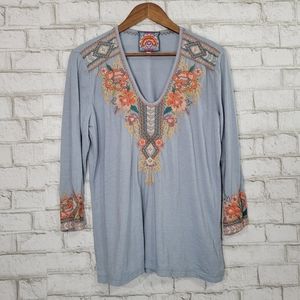 Johnny Was Light Blue Embroidered V-Neck Long Sleeve Top